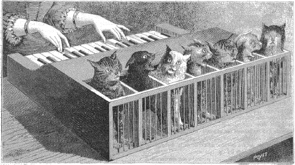 Illustration of the cat piano from La Nature, Vol. 11 (1883) - Source.